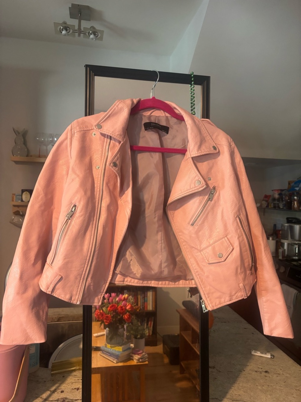 Zara Light Pink Faux Leather Moto Jacket